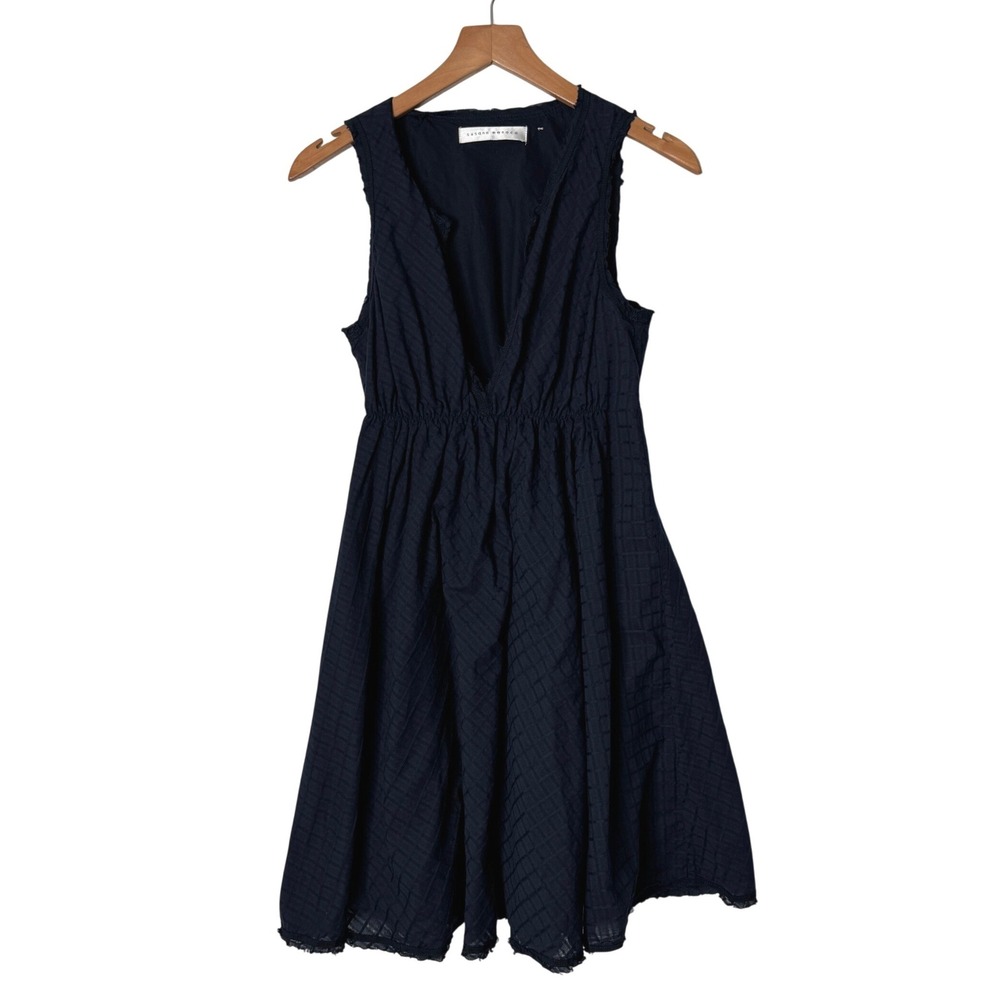Susana Monaco Navy Blue Grid Sleeveless V-Neck Mini Dress Frayed Hem Womens 2
